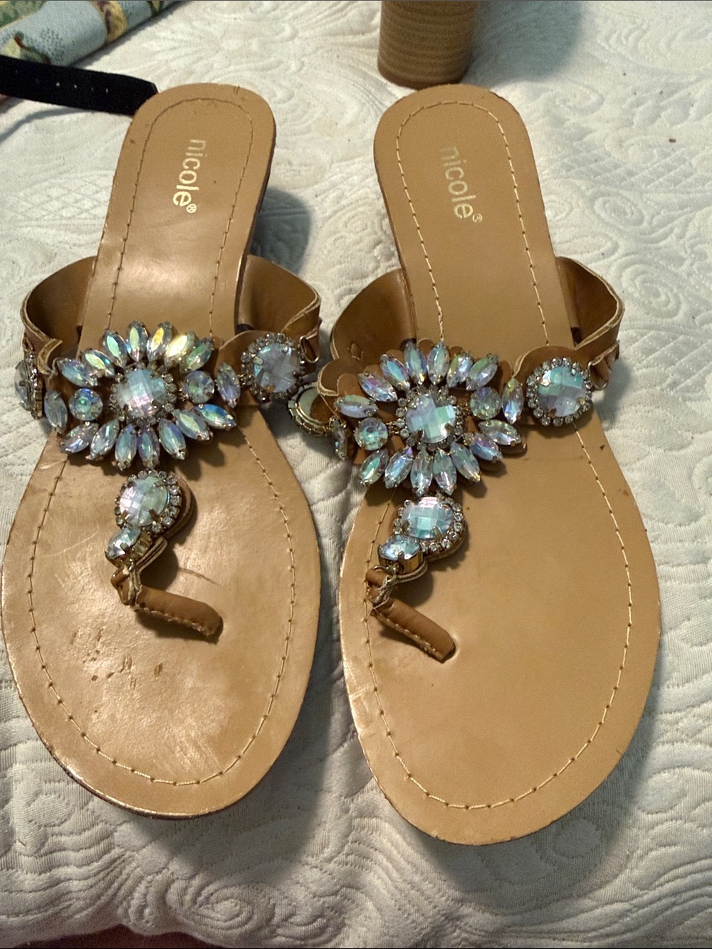 Nicole Tan Jeweled T-Strap Sandals with Iridescent Crystals